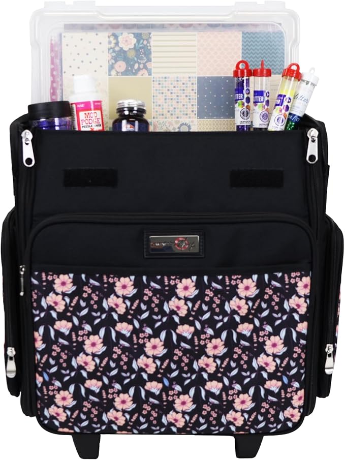 Everything Mary Rolling Scrapbook Tote – Black & Floral Trim Foldable Craft Organizer Tote for Scrapbooking Supplies, Art Tools, Paper & Accessories – Portable Storage Bag