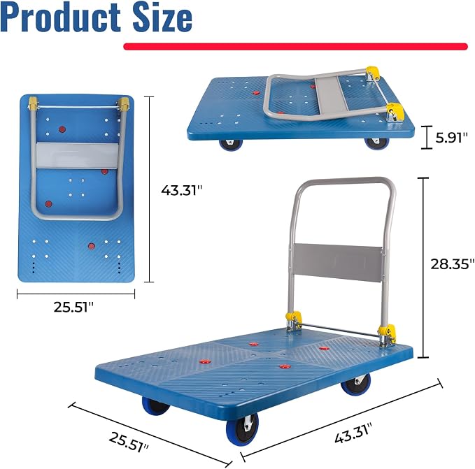 1320lbs Foldable Platform Truck Dolly with Swivel Wheels, Heavy Duty Moving Platform Hand Truck, Moving Flatbed Cart Push Cart Platform Dolly Cart for Groceries, Warehouse(43.31" x 25.51" Blue)