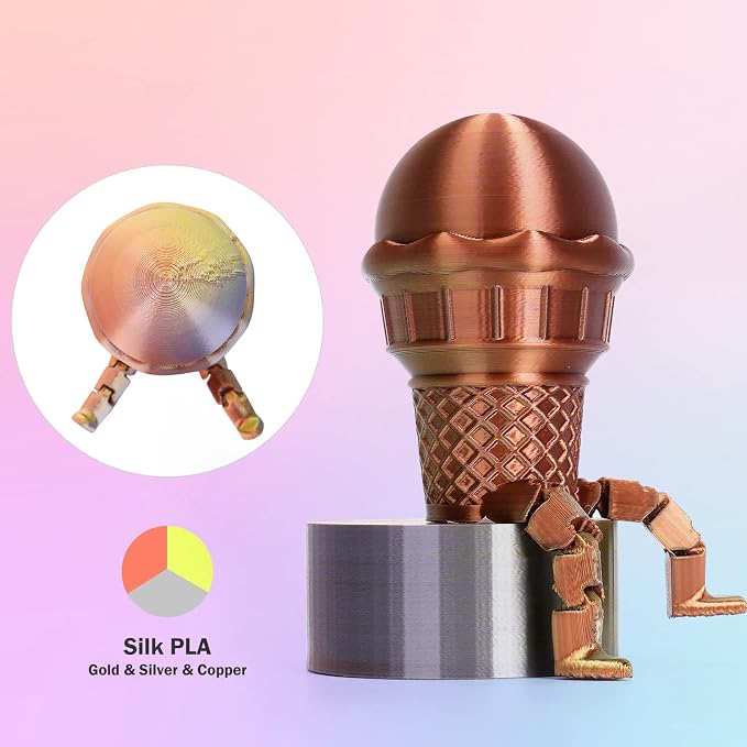 ERYONE Silk Tri Color PLA Filament 3D Printer 1.75mm +/- 0.03mm, Multicolor Filament Tricolor PLA 1KG(2.2lbs) Cardboard Spool, Gold Silver Copper