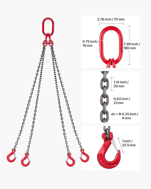 VEVOR Chain Sling, 1/4 in x 5 ft Lifting Chains with 4 Leg Grab Hooks, Heavy Duty G80 Alloy Steel Lifting Sling, 6600LBS Capacity, Adjustable Engine Chain Hoist Lifts for Cargo Security Towing