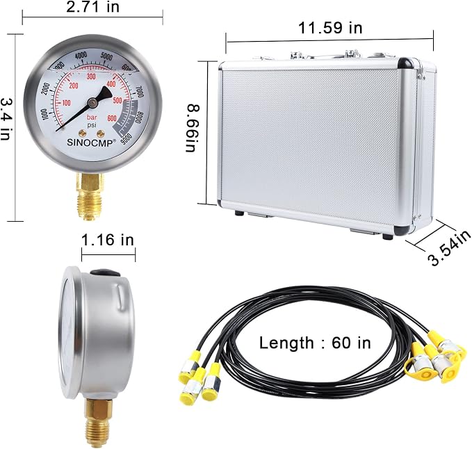 Hydraulic Pressure Gauges Test Kit 4000/6000/10000PSI, 9 Couplings 3 Test Hoses 59 inch, 1 Aluminum Box Diagnosis Tester Set for Excavator Construction Machinery