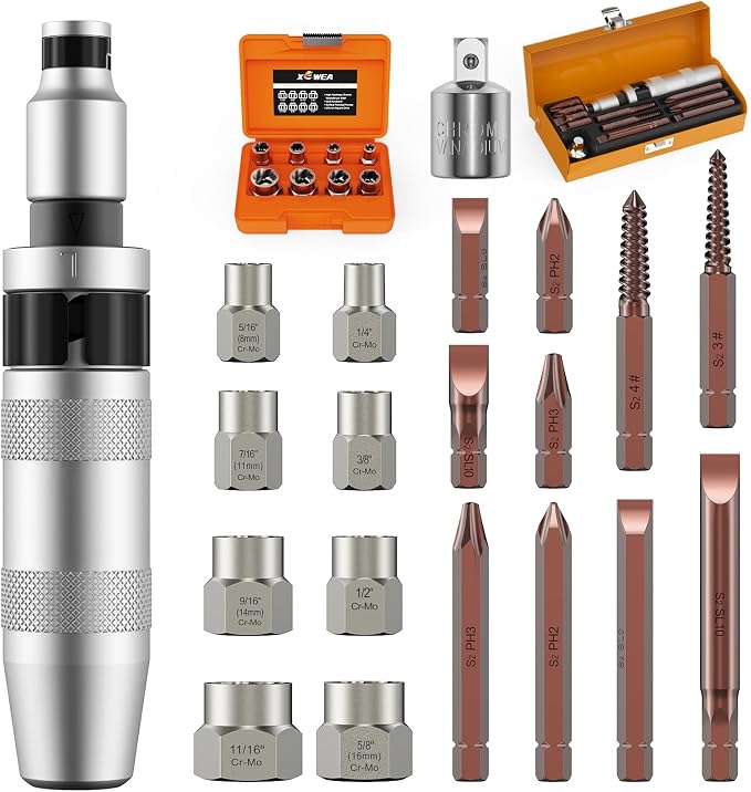 12PCS 3/8" Hand Manual Impact Driver and 8PCS 3/8" Bolt Extractor, XEWEA Reversible Impact Screwdriver Slotted,Phillips,Hexagonal Bit, for Removing & Fasteners Damaged, Rusted Screw Bolt