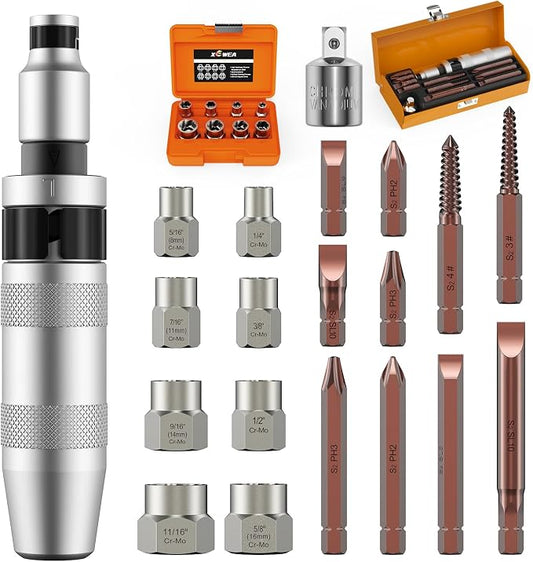12PCS 3/8" Hand Manual Impact Driver and 8PCS 3/8" Bolt Extractor, XEWEA Reversible Impact Screwdriver Slotted,Phillips,Hexagonal Bit, for Removing & Fasteners Damaged, Rusted Screw Bolt