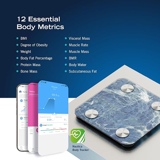 Nautica Body Tracker Digital Bathroom Scale, Bluetooth-Enabled Smart Scale with BMI, Body Fat, Muscle Mass Tracking & More, Syncs with Smartphone App for Body Composition Tracking, 396 Lbs.
