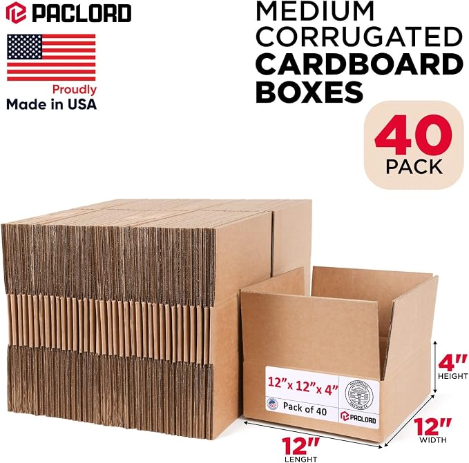 Medium Cardboard Boxes 12"L x 12"W x 4"H (Pack of 40) - USA-Made Packing Boxes for Moving, Shipping, or Storage - USPS, UPS, FedEx Approved - Professional Packing Supplies for Moving | USA-Made Packing Boxes for Moving, Shipping, or Storage - USPS, UPS...