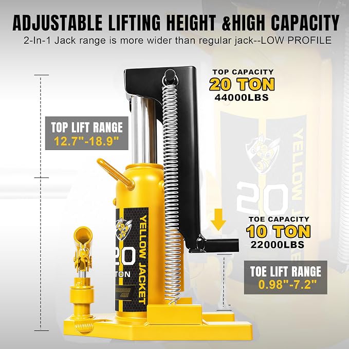 YELLOW JACKET Toe Jack 10 Ton Toe/ 20 Ton Top Capacity Hydraulic Machine Jack Lift,Air Hydraulic Claw Jack for Car Repair,Machinery,Industry Equipment