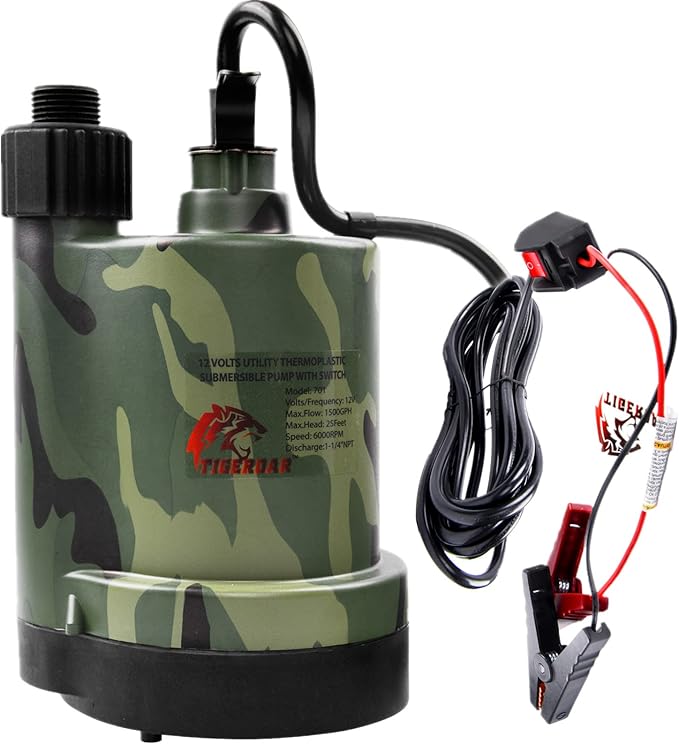 TIGEROAR 12V Submersible Pump 1500 GPH Water Transfer Pump with 20 ft. Cord and Waterfall Pump Hose Adapter for Utility Pump Camouflage Color