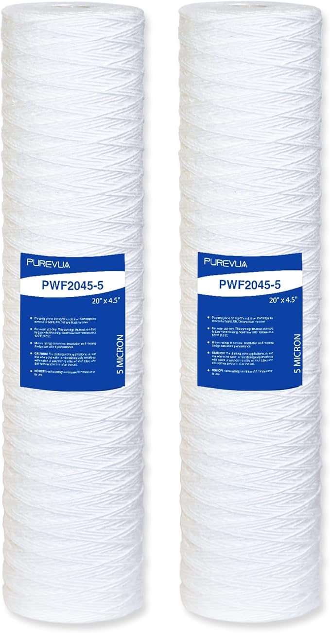 5 Micron 20"x4.5" String Wound Sediment Filter, Whole House Water Filter Cartridge for Well Water, Compatible with WP5BB20P, SWC-45-2005, Fits Standard 20" Big Housings, 2 Pack