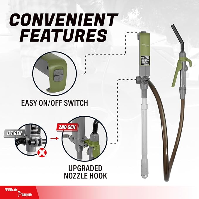 TERA PUMP [2nd Gen] Fuel Transfer Pump with Quick Flow Control Nozzle & Telescopic Tube, Cordless Portable Transfer Pump, 4.9 FT Hose for Gas, Diesel, Kerosene & Non-Potable Water, Up to 3.2 GPM