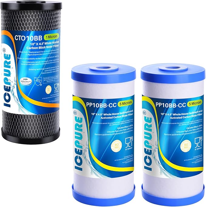 ICEPURE 5 Micron 10" x 4.5" Whole House Water Filter 2Pack and 1 Microns Whole House Sediment Activated Carbon Water Filter Compatible with Dupont WFHDC8001,1PACK