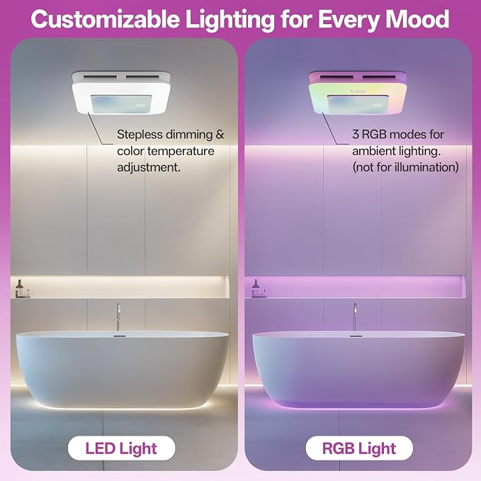 VallisCo Bathroom Exhaust Fan with Light, Odor & Humidity Sensors, 230 CFM Quiet Bathroom Ceiling Fan with Remote, Timer, 3 Dynamic RGB Lights, 2700K–6500K Dimmable, Wall/Ceiling Mount (Ocean Mist)