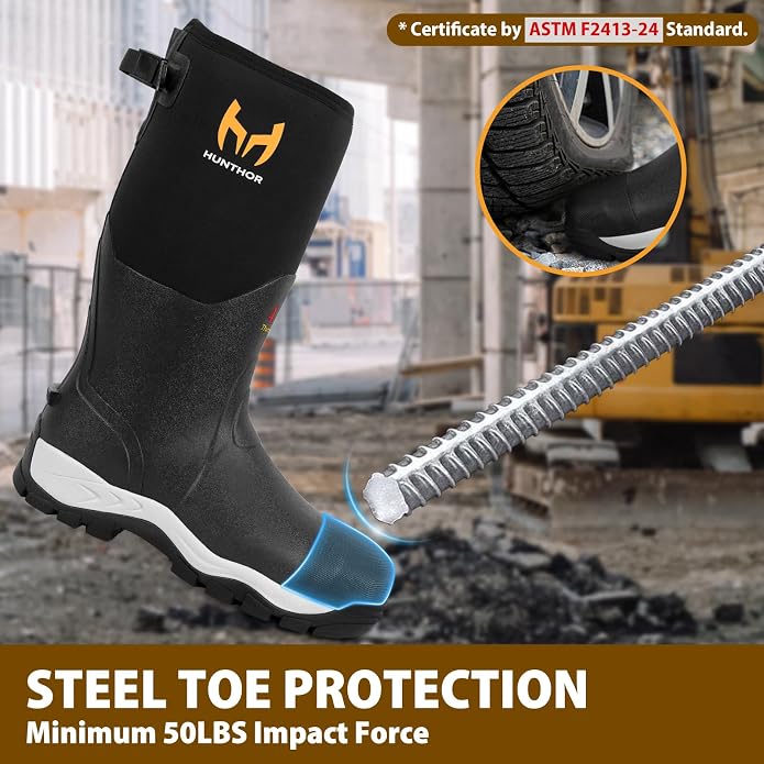 Rubber Work Boots for Men with Steel Toe, 400g Insulated, 1100N Puncture-Proof Hunting Boots with 7mm Neoprene Waterproof and EVA Midsole, Back Gusset, Ideal for Work,Farming Fishing Size 7-14