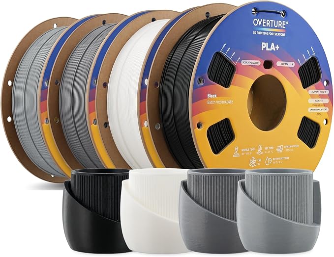 OVERTURE 4KG Bundle High Speed PLA+ 3D Printer Filament 1.75mm, Upgraded Rapid PLA 2.0 with Enhanced Toughness & Stability, 4 Pack Fit Most FDM 3D Printers (Black+White+Space Gray+Light Gray)