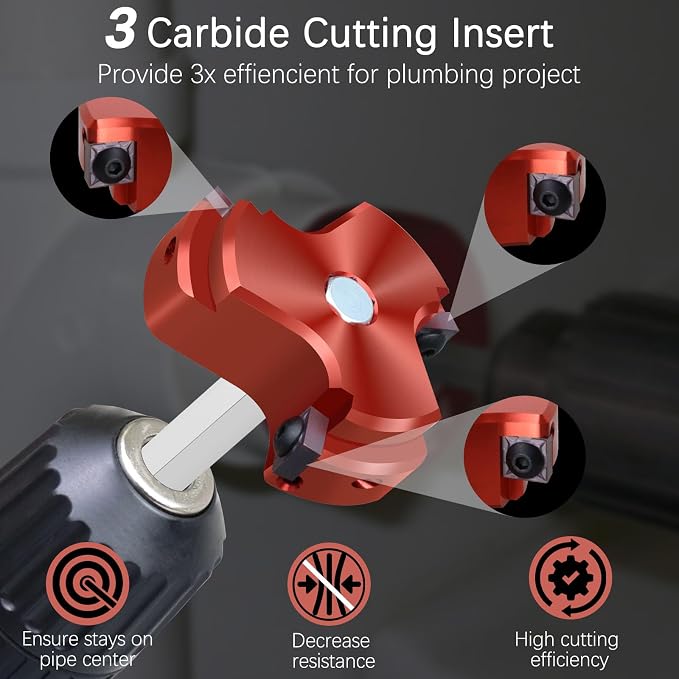 1-1/2 Inch PVC Pipe Reamer,PVC Fitting Saver Socket Saver with 3 Carbide Insert,1.5" Plastic Pipe Fitting Reamer Plumbing Tool for Sch.40 CPVC ABS Socket Hub,Fit Standard 1/2" Drill