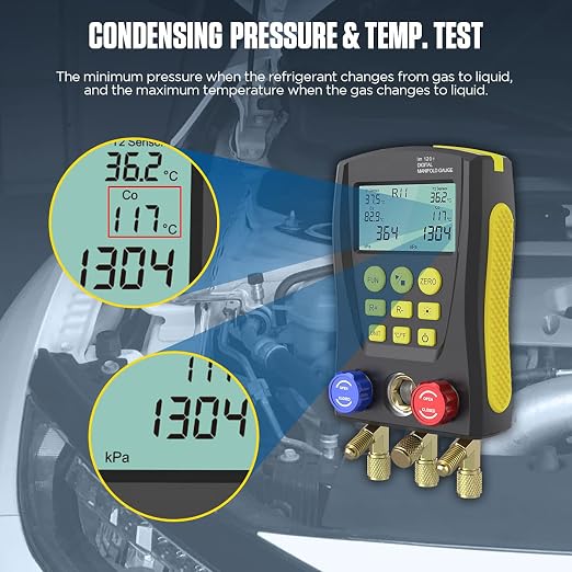 Digital HVAC Manifold Gauge Set,Refrigeration AC Gauges with Thermometer Clamps & Tricolor Hose, Dual Temp & Pressure Sensors for Vacuum & Leak Test,R134a R410a R32 R1234 Refrigerant Recharge Kit