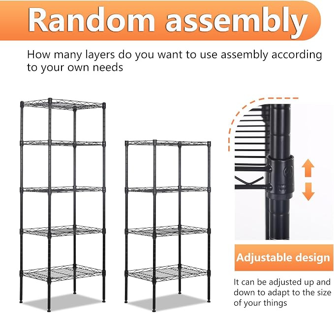 BestOffice | 5-Tier Wire Storage Shelves | 17x12x48 | Black | with Adjustable Racks | Heavy-Duty Metal Shelf, Holds Upto 750 lbs | No-Tool Assembly | Ideal for Home & Garage Shelving