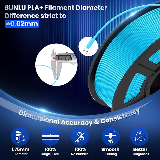 SUNLU PLA Plus 3D Printer Filament, 1.75mm PLA+ 3D Filament for FDM 3D Printer & 3D Pens, Neatly Wound Filament, Strong and Toughness, Dimensional Accuracy +/- 0.02 mm, 1KG Spool(2.2 LBS), Sky Blue