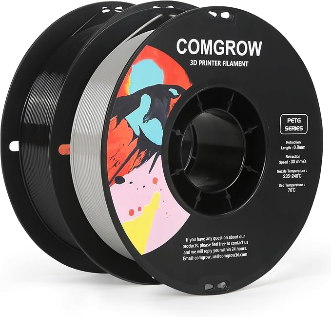 Comgrow PETG 3D Printer Filament 1.75mm, High Precision and Tough 3D Printer Filament 2kg (4.4LBS), Dimensional Accuracy +/- 0.02 mm, Fit Most 3D Printers Black+Grey
