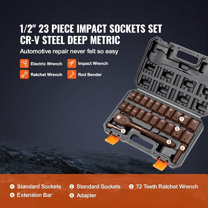 VEVOR 1/2" Drive Impact Socket Set, 23 Piece Socket Set SAE （7/16" -1"）& Metric （13-24mm）6 Point Cr-V Alloy Steel for Auto Repair with Ratchet Handle Rugged Construction Storage Case