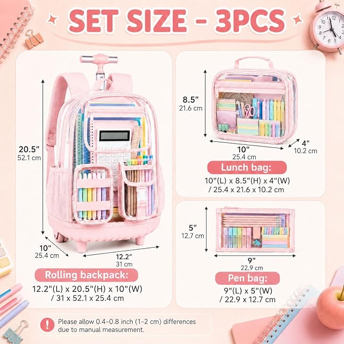 CCJPX 3Pcs Clear Rolling Backpack for Girls Women, Heavy Duty PVC Transparent Wheeled Bookbag, See Through School Bags with Wheels for Teens Elementary Travel - Pink