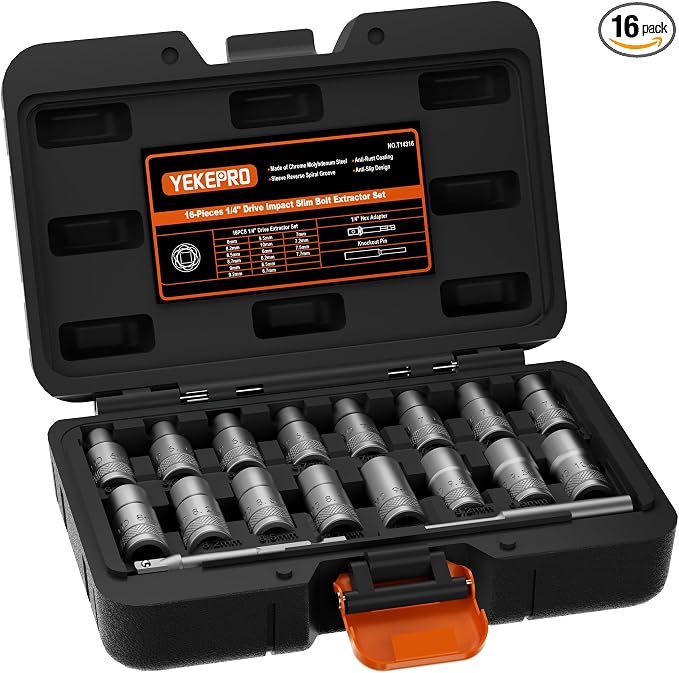 16PCS Deep Well Bolt Extractor Set, 1/4” Dr Impact Bolt & Nut Remover Set, Bolt Removal Set for Damaged, Rusted, Rounded-Off, Stripped Fasteners