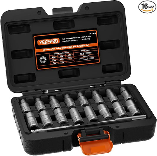 16PCS Deep Well Bolt Extractor Set, 1/4” Dr Impact Bolt & Nut Remover Set, Bolt Removal Set for Damaged, Rusted, Rounded-Off, Stripped Fasteners