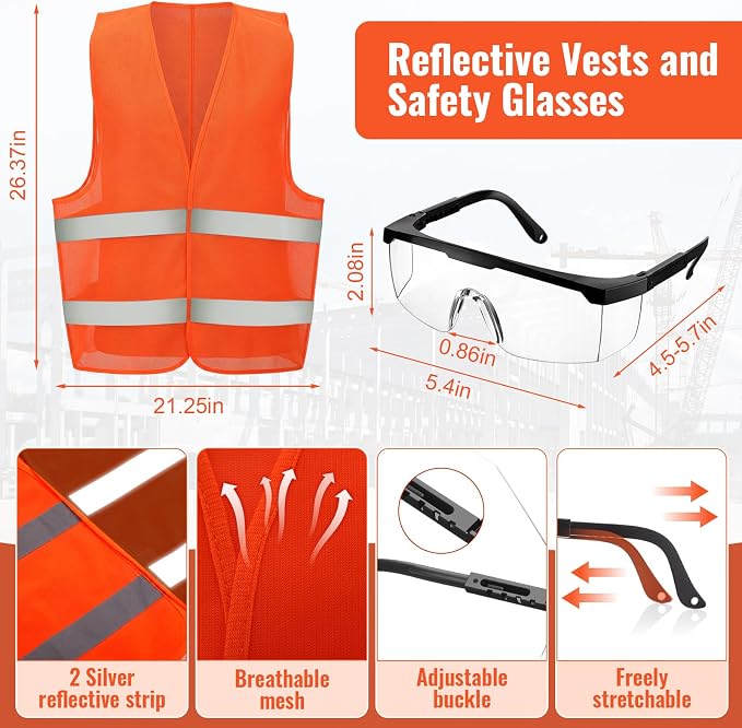 Mumufy 18 Pcs Suspension Hard Hats Safety Helmets Vented Cap Style Helmet with High Visibility Vest Mesh Reflective Anti Fog Safety Goggles Adjustable Temples for Construction Work(Yellow, Orange)