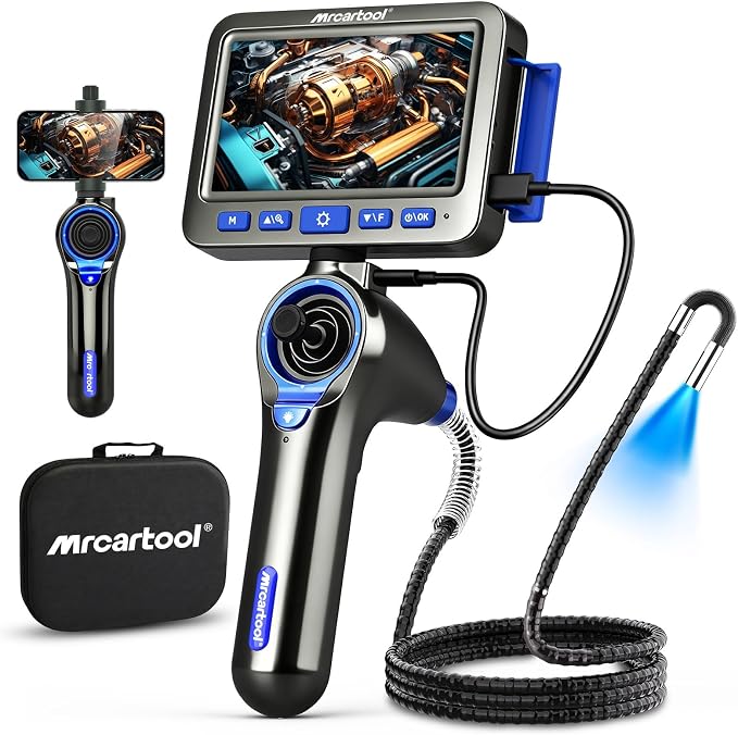 4-Way 360° Articulating Borescope with 6 Light, Endoscope Camera with 6.2mm Probe, 4.0Ft Semi-Rigid Cable, 8X Zoom Inspection Camera for Automotive Engine Pipe HVAC