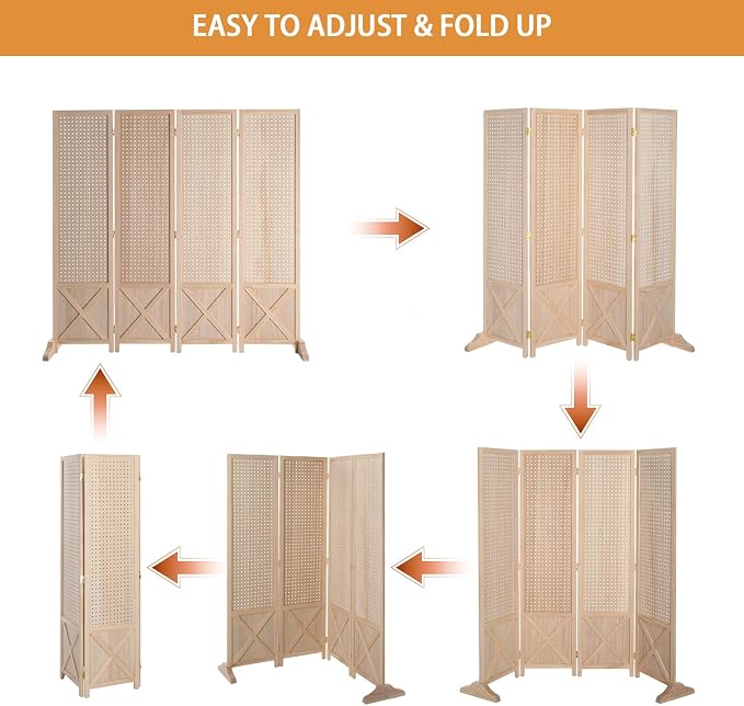 VINGLI Freestanding Pegboard with Support Feet, 5 FT Wood Room Divider Display Board Organizer, Folding Privacy Screen Partition Space Separator for Craft Shows Events Retail (Natural, 4 Panel)