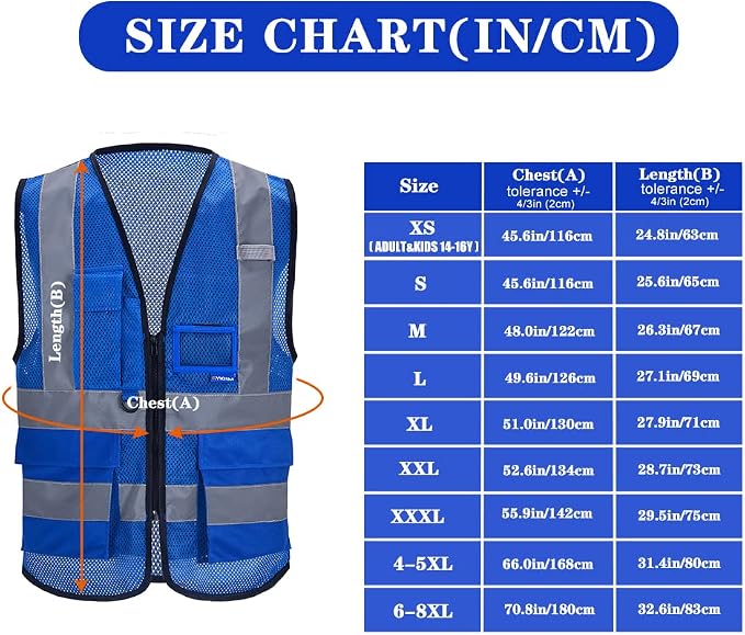 A-SAFETY High Visibility Mesh Vest with Multi-Color, Zipper, Blue, 6XL-8XL | Blue 6XL-8XL mesh vest with clear ID holder, mic tabs and reflective strips for equipment maintenance; for men and women.