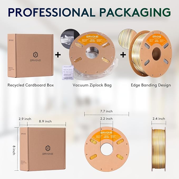ERYONE Silk Dual Color PLA Filament 3D Printer 1.75mm +/- 0.03mm, Bicolor Filament Two Tone PLA 1KG(2.2lbs) Cardboard Spool, Gold Silver
