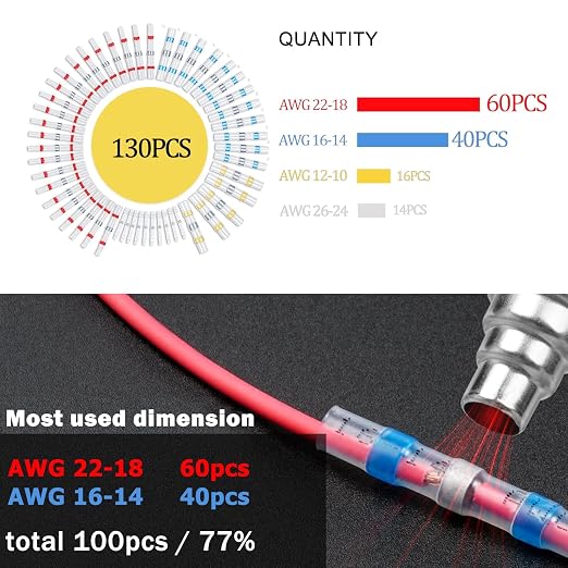 131PCS Solder Seal Wire Connectors, Heat Shrink Wire Connectors Kit, Waterproof Heat Shrink Butt Connectors for Marine Automotive Boat Truck RV Wiring, AWG 26-10, 4 Sizes