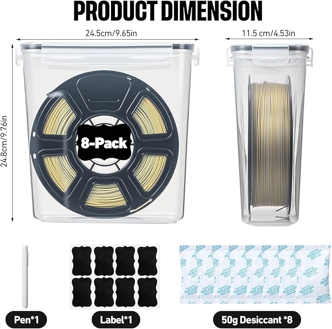 8 Pack 3D Printer Filament Storage Box - Portable Sealed Filament Container 4.0 L Water-Proof & Dust-Proof with Desiccant, Tag, Pen for Studio Office Workshop Home, Only Case Set