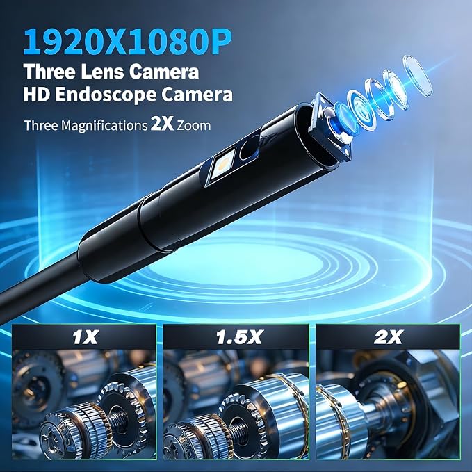 Endoscope Camera with Light 1920P HD Three Lens Borescope with 8 LED Lights, IP67 Waterproof Snake Sewer Tools 5" Inspection Camera,16.4ft Semi-Rigid Drain Endoscope (16.4FT Three Lens-Blue)