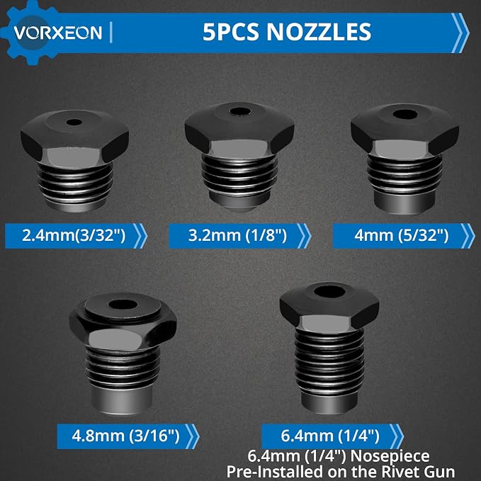 Air Rivet Gun 5 Nosepiece Sizes 3/32" to 1/4" with 3916 lbf Power Riveting for Heavy-Duty Automotive, Metalworking, HVAC and Construction Industrial Pneumatic Riveter Tool