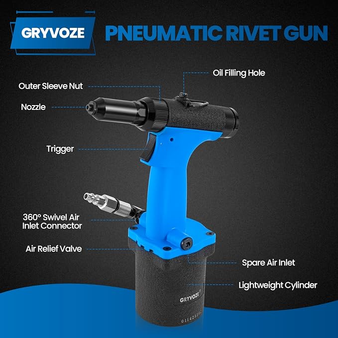 Pneumatic Rivet Gun Kit – Air Pop Riveter with 3/32", 1/8", 5/32", 3/16" Rivet Nozzles, Heavy Duty Air Hydraulic Pop Riveting Tool Set for Automotive, Construction, Manufacturing Industries