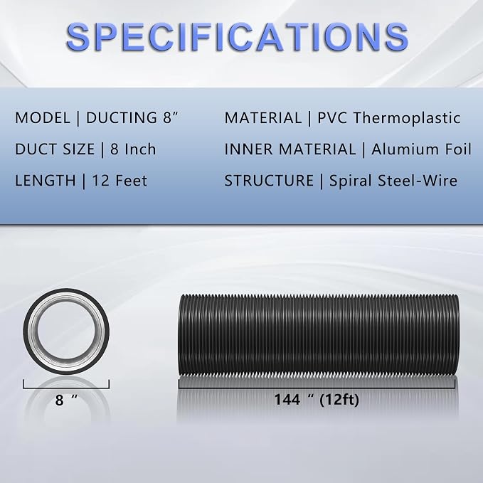 8 Inch Flexible Ducting Hose 12 Feet Black Aluminum Ducting -4 Layer Protection Dryer Vent Hose for HVAC Heating Cooling Ventilation and Exhaust, 2 Clamps Included