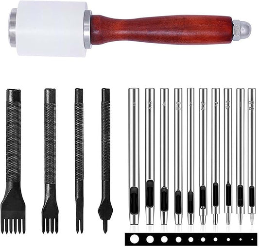 Leather Stitching Hole Punch Tool Set, Carving Hammer 3mm 1/2/4/6 Prong Punch Chisel Round Hole Punch for Belt Watch Band Rubber Leather DIY Crafts