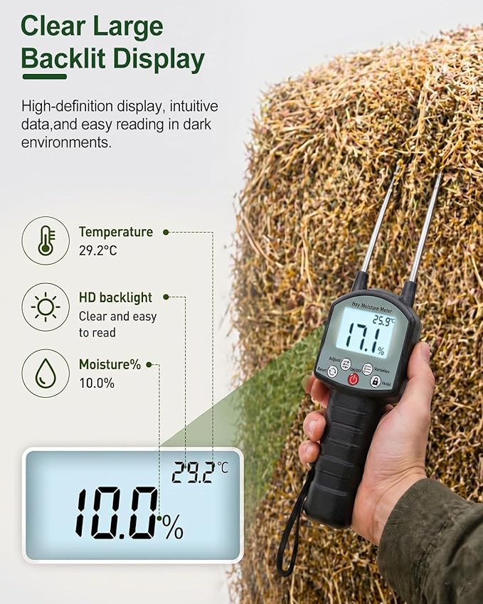 TK100H Hay Moisture Tester, High Accuracy Hay Moisture Meter, Bale Moisture Tester with Long Probe, Portable Bale Moisture Meter for Hay Bales, Forage Grass, Alfalfa, Orchard Grass and Other Hays