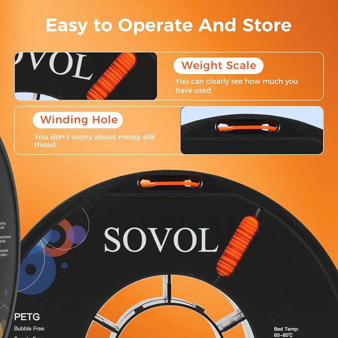 Sovol 3D Printer PETG Filament 1.75mm 1KG (2.2lbs), High Precision, Strong Toughness, Wiring Tightness, Dimensional Accuracy +/- 0.03 mm, 3D Printing PETG Filaments, Orange