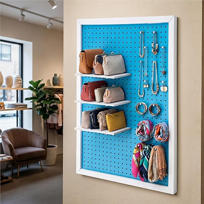 Weysat 36 x 24 Inch Framed Wood Pegboard Wall Organizer, Large Blue Decorative Peg Board Kit with 3 White Shelves and 18 Accessories, Wall Mounted Craft Storage Display for Room, Office, Sewing Room