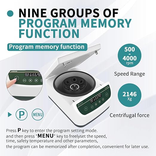Centrifuge Machine PRP PRF 2ml-5ml/10ml/15ml/50mlx6 Speed 500-4000rpm 2146xg RCF Lab Benchtop Centrifuges Store 9 Programs Timer 30sec-99min