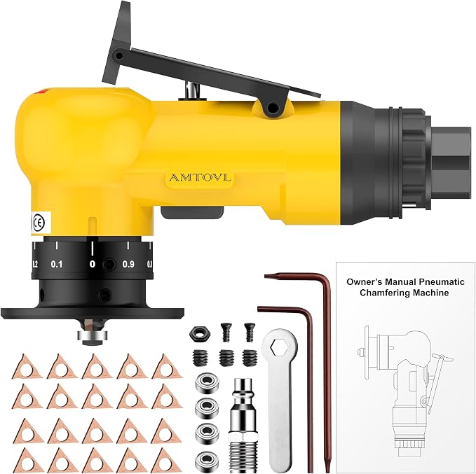 AMTOVL Pneumatic Chamfering Tool - Mini Air Chamfer Tool with 10 C-Angle & 10 R-Angle Blades, 45° 30000 RPM Chamfering Tool for Metal and Wood with 1/4" Air Inlet