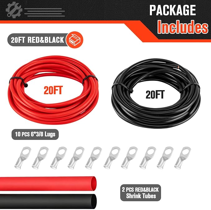 6 Gauge Wire 6 Awg Wires 20 FT Black + 20 FT Red, 6 Gauge Battery Cable 6awg Marine Wires, 6awg Copper Wire Welding Cable Standard with Cable Lugs Terminal Connectors and Heat Shrink Tube