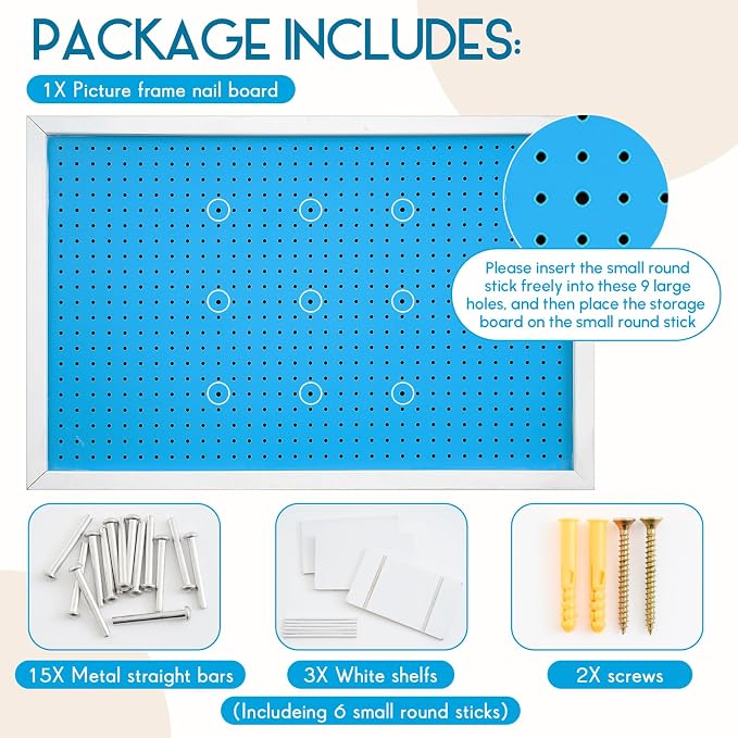 Weysat 36 x 24 Inch Framed Wood Pegboard Wall Organizer, Large Blue Decorative Peg Board Kit with 3 White Shelves and 18 Accessories, Wall Mounted Craft Storage Display for Room, Office, Sewing Room