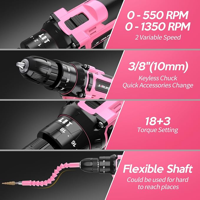 20V Cordless Drill, Electric Power Drill Set with Battery Charger and Carrying Case, 3/8” Keyless Chuck, 2 Variable Speed, 18+3 Torque, 72pcs Driver Bits and Belt Hook, Pink