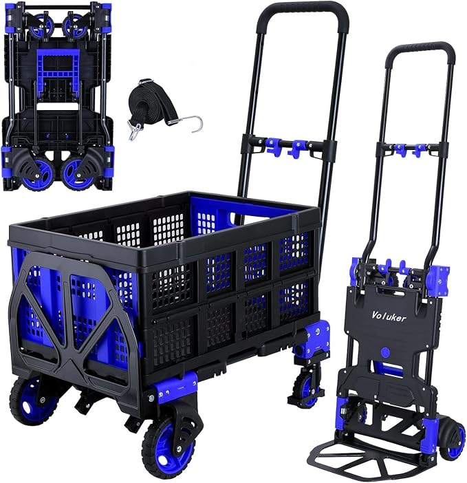 2-in-1Hand Truck Dolly 330LB Foldable with Folding Basket, Folding Hand Trucks Heavy Duty Carrying, Combination of 4 Wheels and 2 Wheels Convertible Cart with Retractable Handle Dolly for Moving
