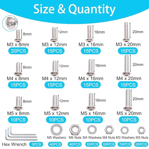 500PCS M3 M4 M5 Metric Screw Assortment Kit, 8-20mm Button Head Socket Cap Screws Bolts Nuts Washers Assortment Kit, 304 Stainless Steel Metric Bolts with 3 Hex Wrench