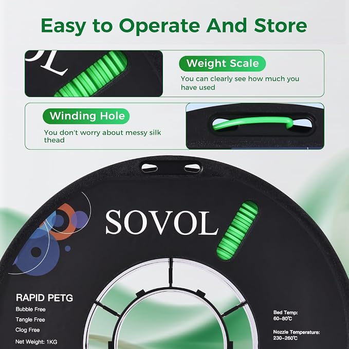 Sovol 3D Printer Rapid PETG Filament 1.75mm 1KG (2.2lbs), High Precision, Strong Toughness, Wiring Tightness, Dimensional Accuracy +/- 0.03 mm, 3D Printing High Speed PETG Filaments, Grass Green