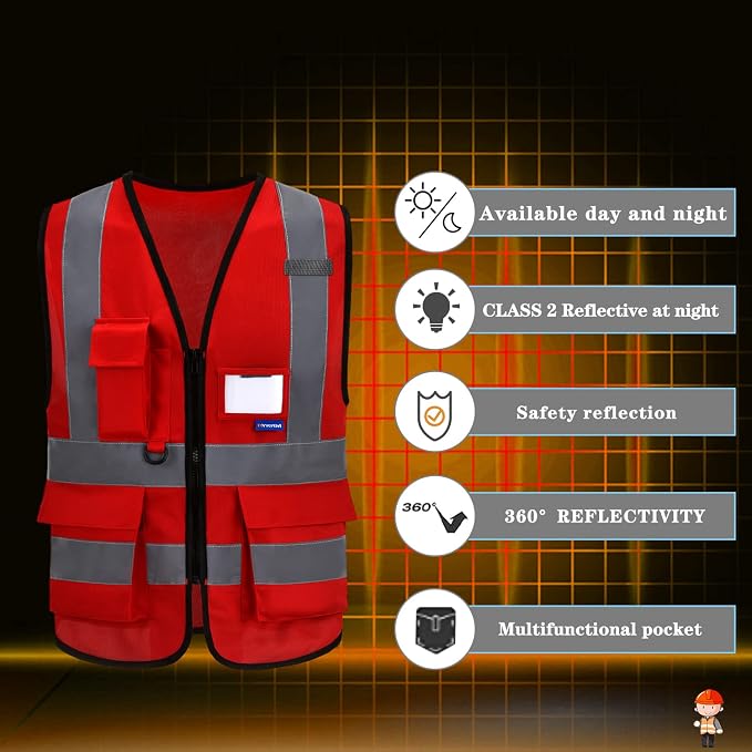 red security vest | Red M safety vest with clear ID pocket, radio mic loop and reflective strips for first responders and site safety teams.
